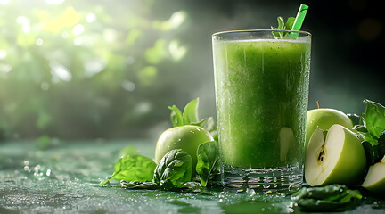 A glass of green juice with apple and kiwi fress