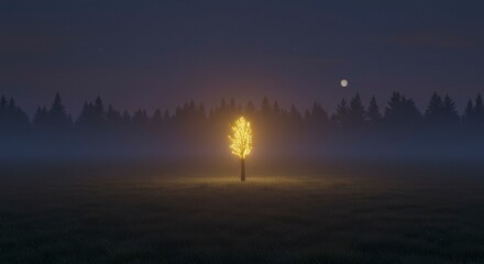 Obraz premium Illuminated tree at night, foggy forest