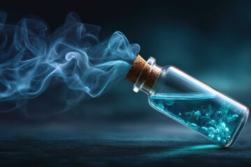 Blue liquid in glass bottle releasing vapor against a dark background creates an enigmatic atmosphere