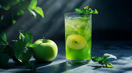 A glass of green juice with apple and kiwi fress