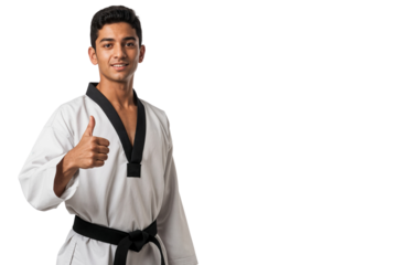 Confident young taekwondo athlete in white uniform and black belt giving thumbs up gesture, symbolizing positivity, discipline, and martial arts spirit, isolated on transparent background