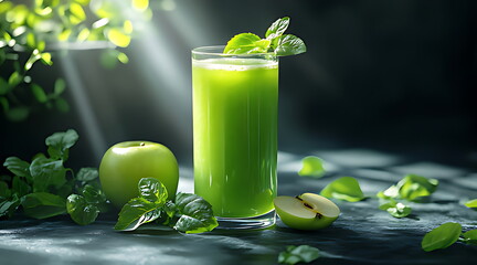 A glass of green juice with apple and kiwi fress