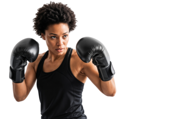 African American female boxer in black sportswear and gloves in fighting stance, isolated on transparent background