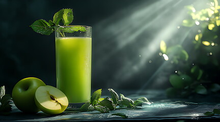 A glass of green juice with apple and kiwi fress