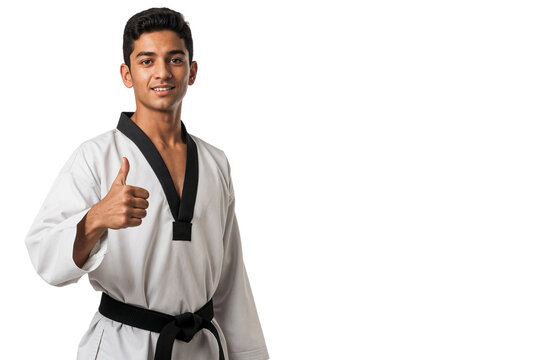 Confident young taekwondo athlete in white uniform and black belt giving thumbs up gesture, symbolizing positivity, discipline, and martial arts spirit, isolated on transparent background