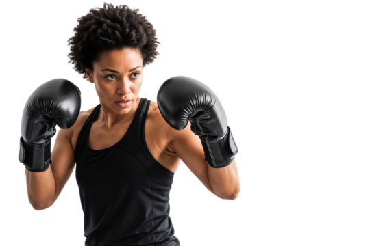 African American female boxer in black sportswear and gloves in fighting stance, isolated on transparent background - Powered by Adobe