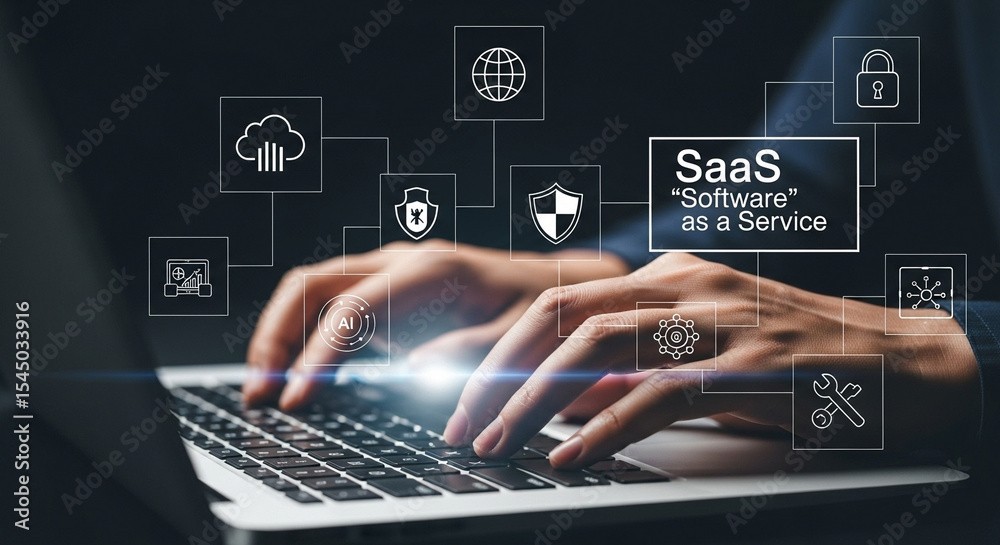 Poster Person typing on laptop with software as a service icons overlayed on the image in dark setting