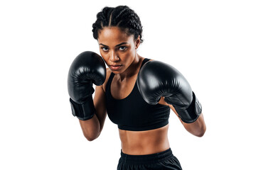 Confident African American female boxer in black sportswear and gloves in guard position, showing strength, focus, and athleticism on transparent background