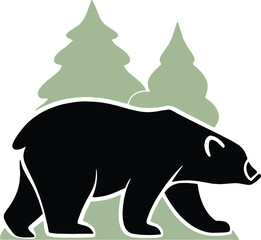 Vector illustration of a bear walking with trees in the background. Perfect for wilderness logos, outdoor brand identity, camping graphics, and forest adventure designs.
