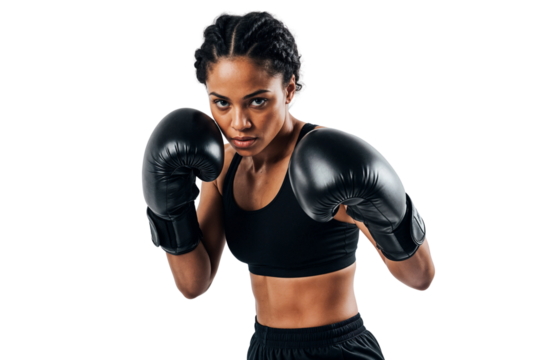 Confident African American female boxer in black sportswear and gloves in guard position, showing strength, focus, and athleticism on transparent background