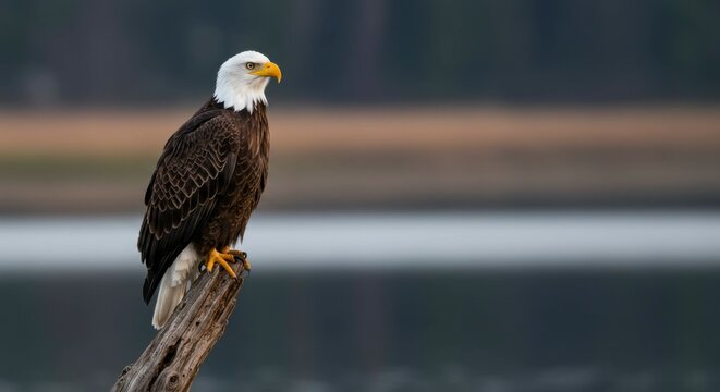 Majestic bald eagle perched on weathered wood, overlooking tranquil water; serene, misty morning