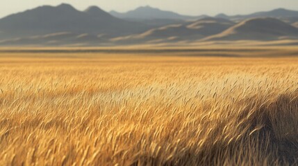 Obraz premium Golden Wheat Field Under Warm Sunlight Serene Landscape Mountains