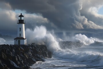 Waves crash against rocky shoreline with lighthouse under dark stormy skies at dawn