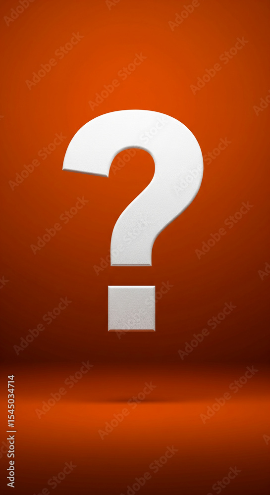 Poster white question mark on orange background, simple design, symbolizes inquiry, uncertainty, or the nee
