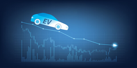 Illustration showing an electric vehicle on a downward financial graph, symbolizing market dynamics or challenges within the EV industry and related financial trends.