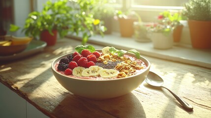 Delicious Smoothie Bowl with Fresh Berries Banana and Granola by the Window