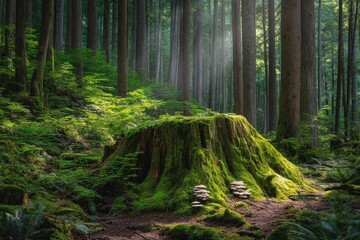 Sunlight filters through tall trees onto a moss-covered stump in a lush forest during early morning hours