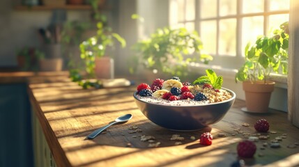 Healthy Breakfast Bowl with Fresh Berries Banana Oats and Chia Seeds