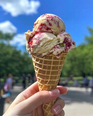 Delicious Raspberry Ice Cream Cone Held in Hand on Sunny Day