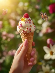 Hand Holding Ice Cream Cone Topped with Raspberry and Edible Flowers Summer Delight
