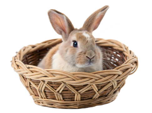 Adorable brown and white bunny rabbit in a wicker basket isolated on transparent background - Powered by Adobe