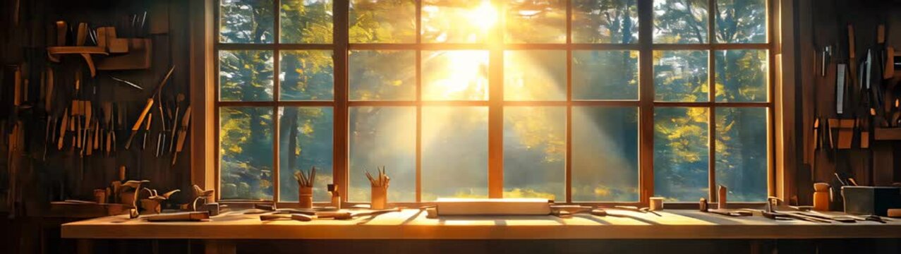 Sunlight shining through a window onto a workbench in a woodworking shop