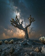 Majestic Joshua Tree Silhouetted Against the Milky Way in the Desert Landscape Night Sky