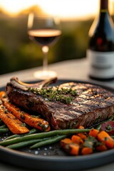 Grilled Ribeye Steak with Roasted Vegetables and Red Wine at Sunset Dinner