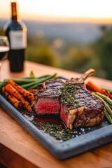 Grilled Tomahawk Steak with Roasted Vegetables and Red Wine at Sunset
