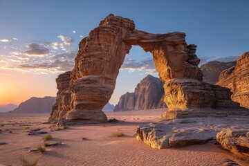 Majestic natural arch standing tall in the desert landscape at sunset in Wadi Rum, Jordan