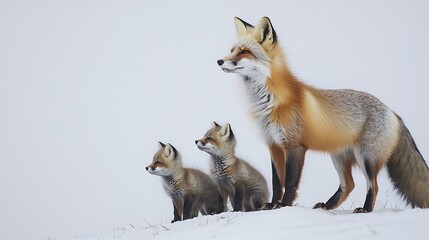 Red Fox Standing Tall with Two Cubs in a Snowy White Environment Winter Scene