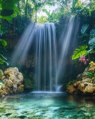 Lush Tropical Waterfall Oasis with Crystal Clear Water and Vibrant Flora