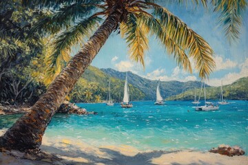 Serene Tropical Beach Scene Oil Painting with Palm Tree Turquoise Water and Sailboats