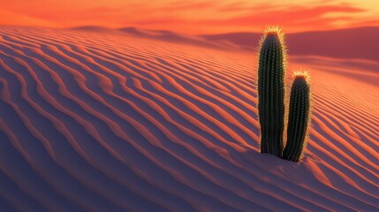 Cactus Silhouettes on Desert Dunes at Sunset Golden Hour Landscape