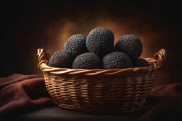 Fresh black truffles in a rustic basket on a dark wooden table with warm lighting