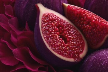 Freshly cut figs placed on petals display rich colors and textures in a natural setting during daylight