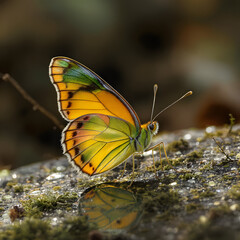 Obraz premium Butterfly Beauty: A vibrant butterfly, showcasing a stunning array of colors, delicately perches on a moss-covered surface, mirrored in the serene reflection below.