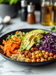 Colorful Vegan Buddha Bowl with Quinoa Avocado Carrots Chickpeas and Red Cabbage