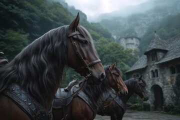 Horses waiting by an old stone castle in a misty forest at dawn