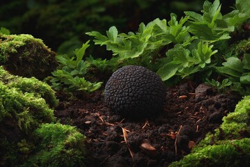 Black truffle emerges from the forest floor among lush green plants, showcasing nature's hidden treasures in a serene woodland setting