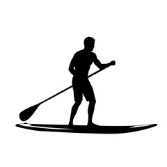 Fototapeta premium Silhouette of a male paddle boarder balancing and paddling on a stand up paddle board, showing outdoor water activity and adventure