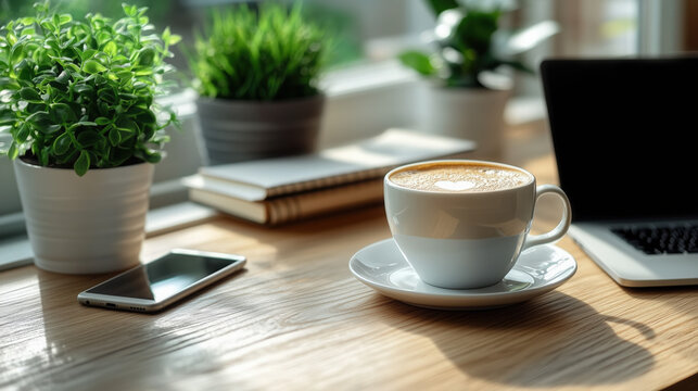 office desk with notebook, coffee, laptop, and smartphone