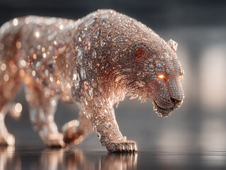 Obraz premium majestic lion adorned with intricate golden patterns and sparkling elements, standing on a reflective surface with its reflection visible. The lion exudes an ethereal and regal presence.