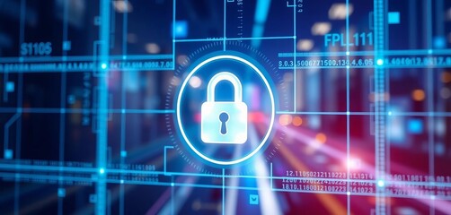 Sleek, modern smart lock icon graphic on digital screen,  protection,  display