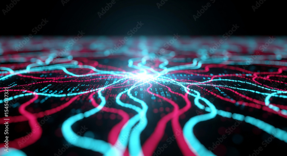 Poster abstract digital background with glowing pink and cyan lines forming a network pattern, symbolizing 