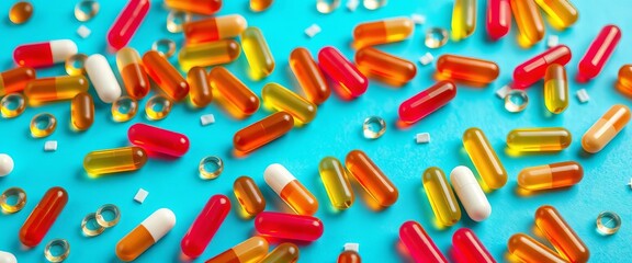 Various vitamin capsules scattered on a vibrant blue background, container, therapy