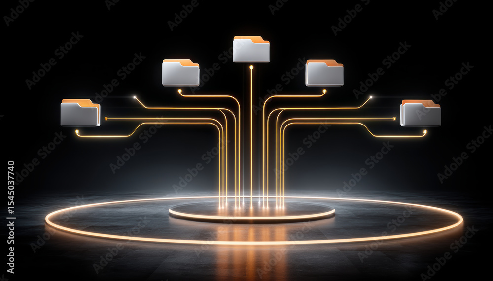 Poster digital folder icon with glowing lines connecting to circular platform representing e commerce data 