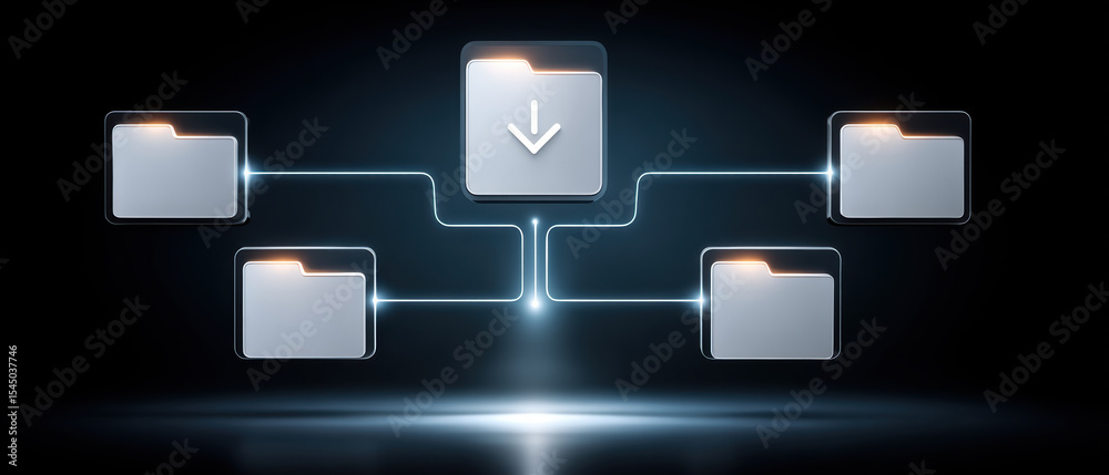 Poster e commerce icon concept with digital folder icons connected by glowing lines representing data downl