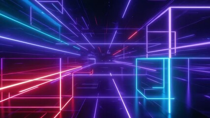 Futuristic neon grid tunnel animation with glowing lines and perspective depth, symbolizing digital space, virtual reality, or cyber technology. - Powered by Adobe