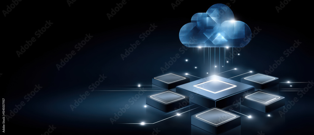 Poster cloud computing icon with e commerce data transfer concept showing digital cloud and microchip conne
